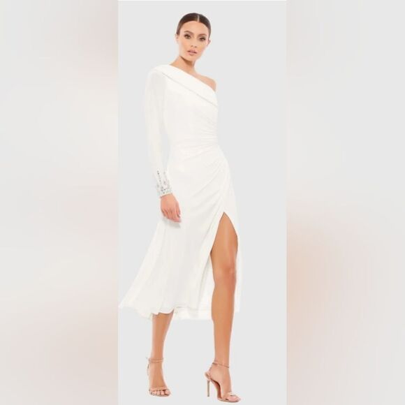 Mac Duggal Dresses & Skirts - Mac Duggal 26485 Foldover Long Sleeve Jeweled Midi Dress NWT size 4 White